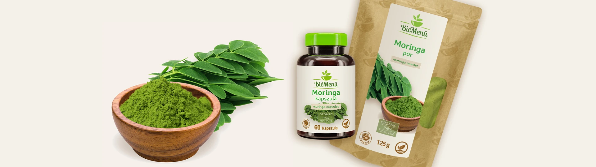 Moringa ist ein Superfood, das einen Vitaminkomplex mit über 90 wichtigen Vitaminen, Mineralstoffen und anderen Nährstoffen liefert