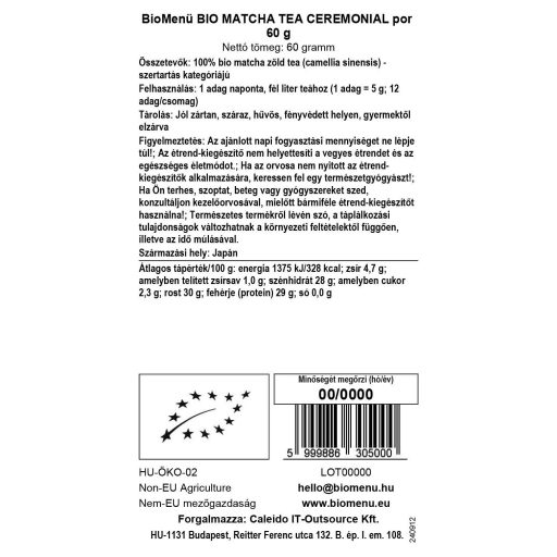 BioMenü Bio Matcha-Tee Zeremoniell Pulver 60 g Datenetikett