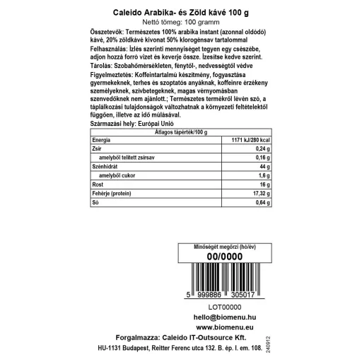 Caleido Arabica- und Grüner Kaffee 100 g Datenetikett