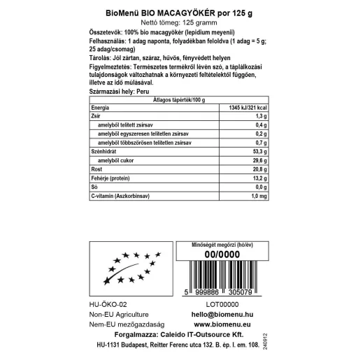 BioMenü Bio Maca-Wurzel Pulver 125 g Datenetikett