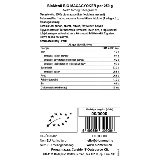 BioMenü Bio Maca-Wurzel Pulver 250 g Datenetikett