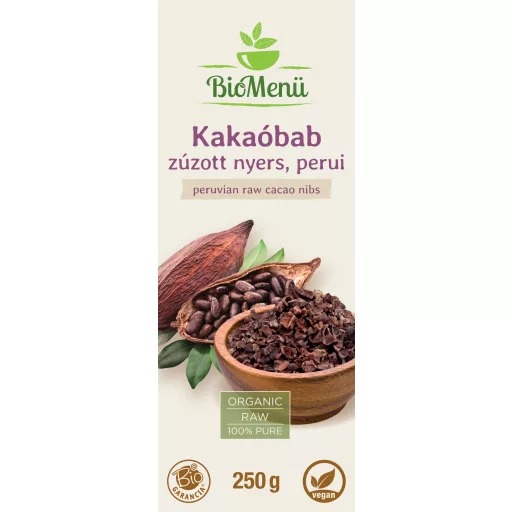 BioMenü Bio Kakaobohnen zerkleinert roh peruanisch 250 g Etikett