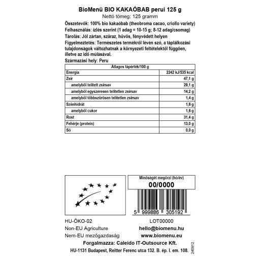 BioMenü Bio Kakaobohnen peruanisch 125 g Datenetikett