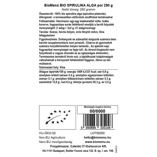 BioMenü Bio Spirulina-Algen-Pulver 250 g Datenetikett