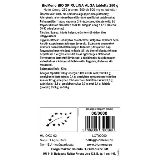 BioMenü Bio Spirulina-Algen-Tabletten 250 g Datenetikett