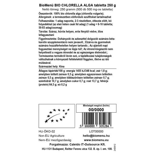 BioMenü Bio Chlorella-Algen-Tabletten 250 g Datenetikett