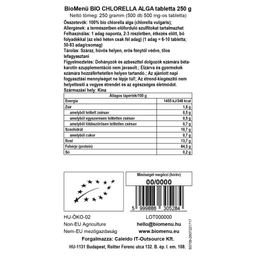 BioMenü Bio Chlorella-Algen-Tabletten 250 g Datenetikett
