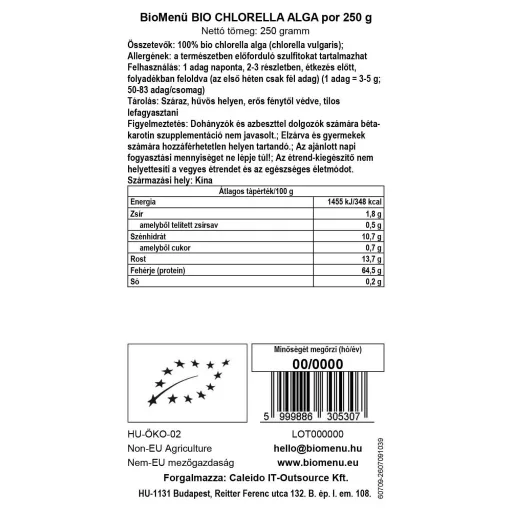 BioMenü Bio Chlorella-Algenpulver 250 g Datenetikett