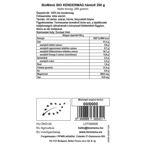 BioMenü Bio Hanfsamen geschält 250 g Datenetikett