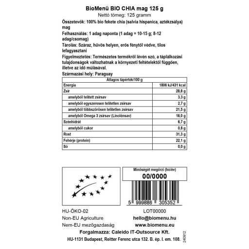 BioMenü Bio Chia-Samen 125 g Datenetikett