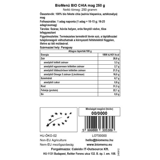 BioMenü Bio Chia-Samen 250 g Datenetikett