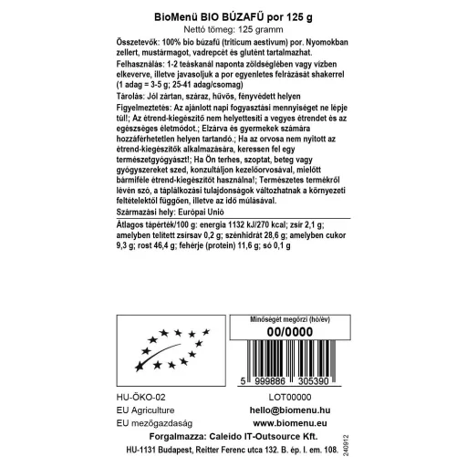 BioMenü Bio Weizengras-Pulver 125 g Datenetikett