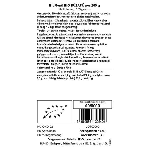 BioMenü Bio Weizengras-Pulver 250 g Datenetikett