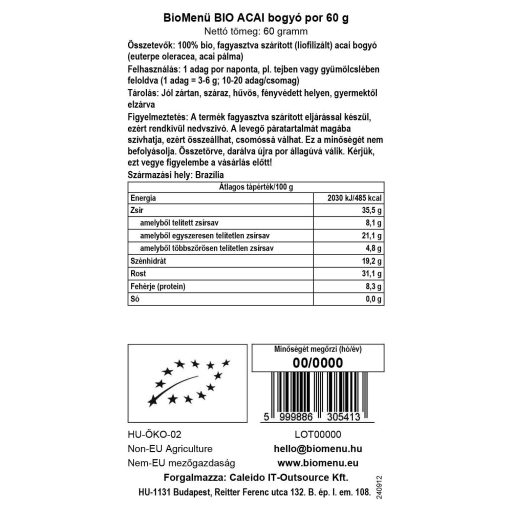 BioMenü Bio Acai-Beeren-Pulver 60 g Datenetikett