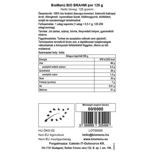BioMenü Bio Brahmi-Pulver 125 g Datenetikett