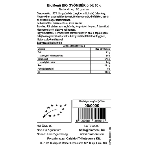 BioMenü Bio INGWER gemahlen 60 g Datenetikett