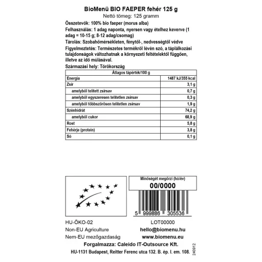 BioMenü Bio Maulbeeren weiß 125 g Datenetikett