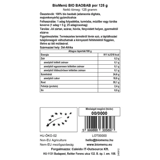 BioMenü Bio Baobab-Pulver 125 g Datenetikett
