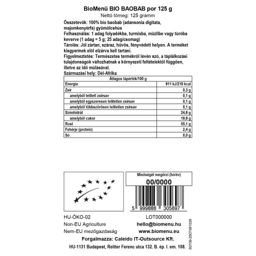 BioMenü Bio Baobab-Pulver 125 g Datenetikett