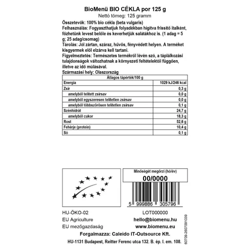 BioMenü Bio Rote-Beete-Pulver 125 g Datenetikett