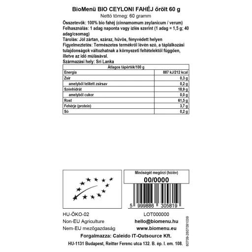 BioMenü Bio Ceylon-Zimt gemahlen 60 g Datenetikett