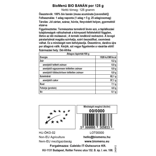 BioMenü Bio Bananenpulver 125 g Datenetikett