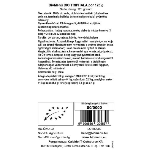 BioMenü Bio Triphala-Pulver 125 g Datenetikett