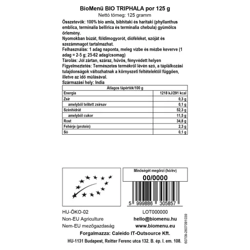 BioMenü Bio Triphala-Pulver 125 g Datenetikett