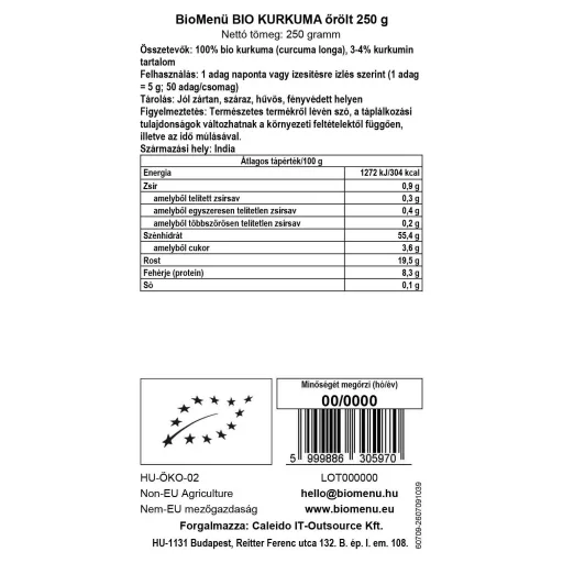 BioMenü Bio Kurkuma gemahlen 250 g Datenetikett