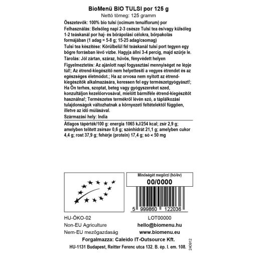 BioMenü Bio Tulsi-Pulver 125 g Datenetikett