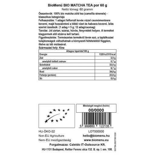 BioMenü Bio Matcha-Tee Pulver 60 g Datenetikett