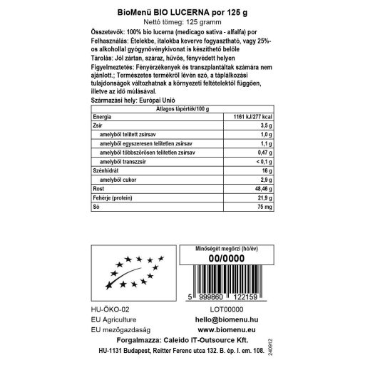 BioMenü Bio Luzerne-Pulver 125 g Datenetikett