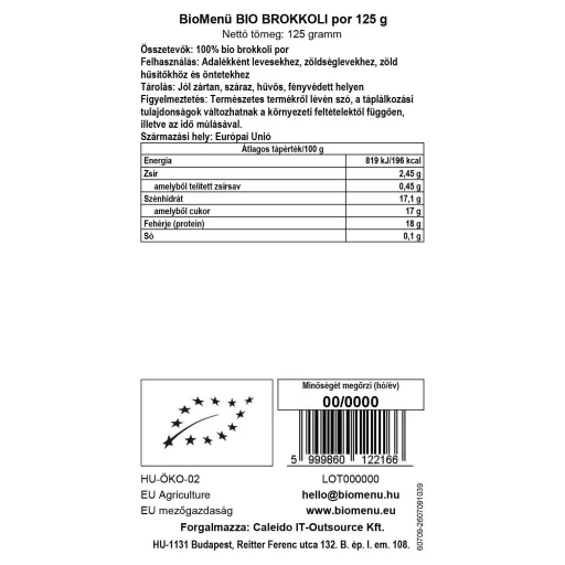 BioMenü Bio Brokkoli-Pulver 125 g Datenetikett