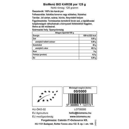 BioMenü Bio Carob-Pulver 125 g Datenetikett