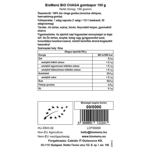 BioMenü Bio Chaga-Pilzpulver 100 g Datenetikett
