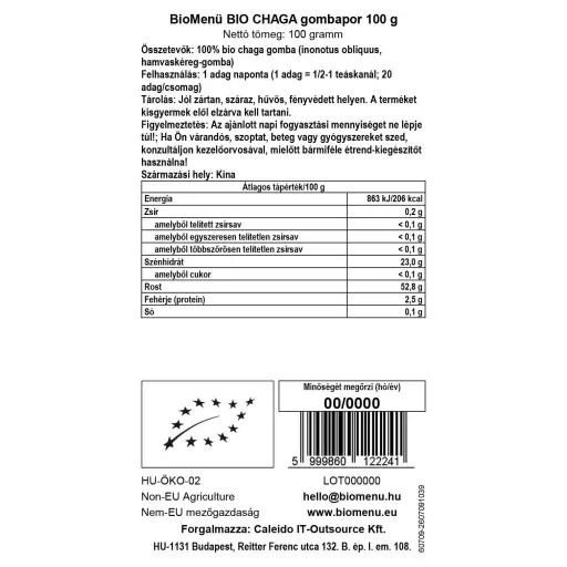 BioMenü Bio Chaga-Pilzpulver 100 g Datenetikett