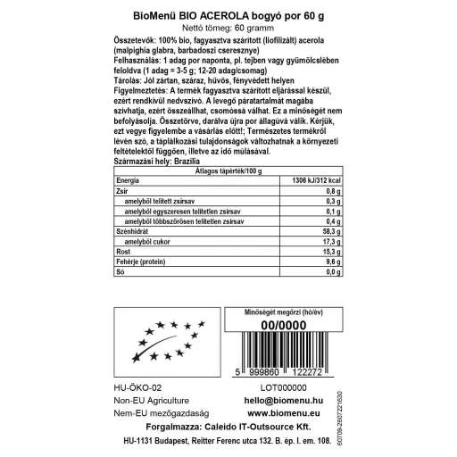 BioMenü Bio Acerola-Beeren-Pulver 60 g Datenetikett