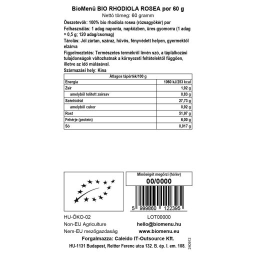 BioMenü Bio Rhodiola rosea Pulver 60 g Datenetikett