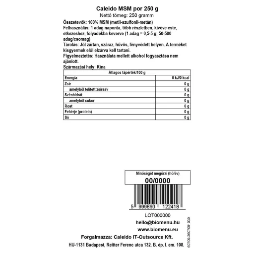 Caleido MSM Pulver 250 g Datenetikett