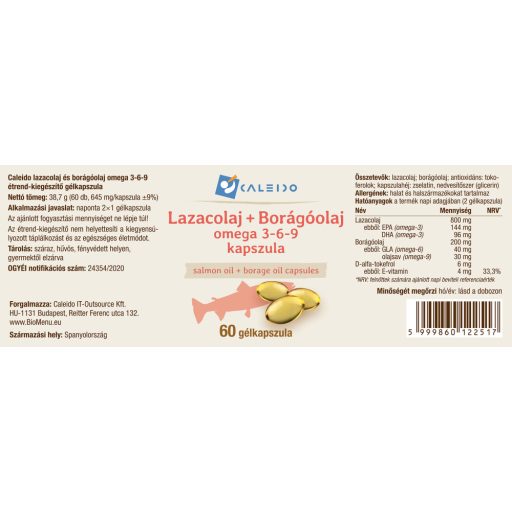 Caleido Lachsöl + Borretschöl Omega 3-6-9 Gelkapseln 60 Stk Etikett