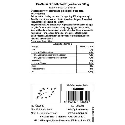 BioMenü Bio Maitake-Pilzpulver 100 g Datenetikett