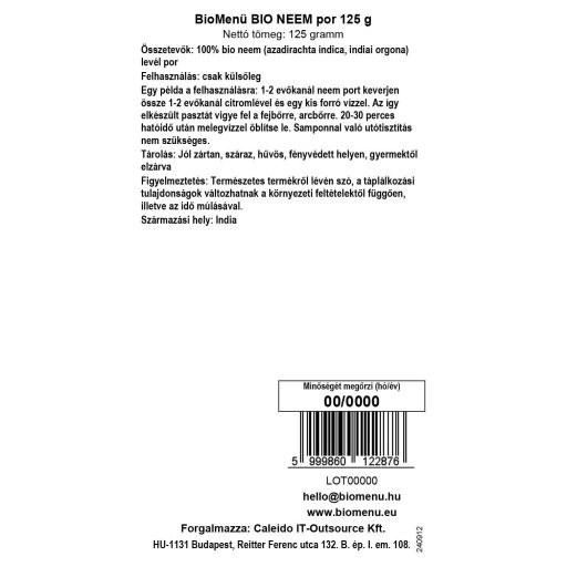 BioMenü Bio Neem-Pulver 125 g Datenetikett