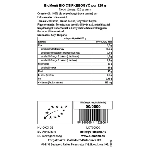 BioMenü Bio Hagebutten-Pulver 125 g Datenetikett