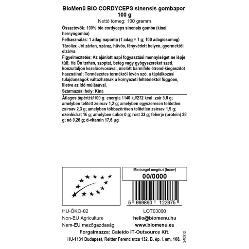 BioMenü Bio Cordyceps sinensis-Pilzpulver 100 g Datenetikett