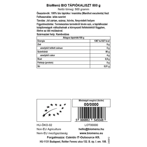 BioMenü Bio Tapiokamehl 500 g Datenetikett