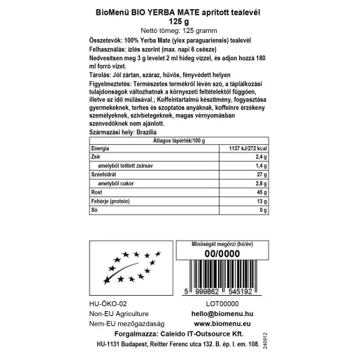 BioMenü Bio Yerba Mate geschnittene Teeblätter 125 g Datenetikett