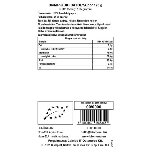 BioMenü Bio Dattelpulver 125 g Datenetikett