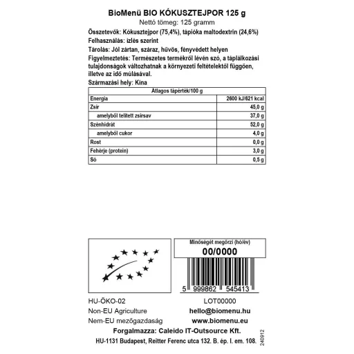 BioMenü Bio-Kokosmilchpulver 125 g Datenetikett