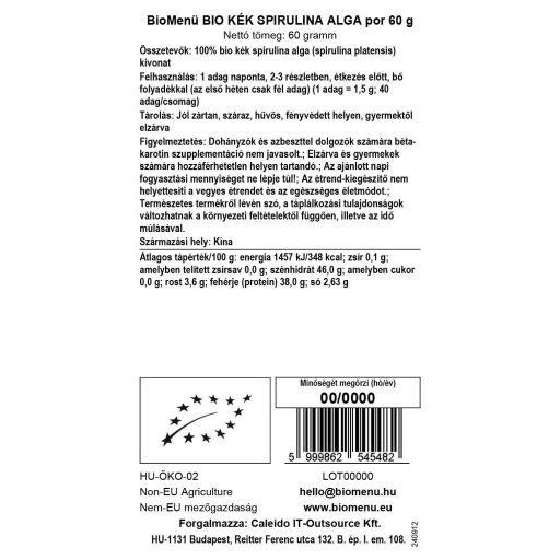 BioMenü Bio Blau Spirulina Algen Pulver 60 g Datenetikett