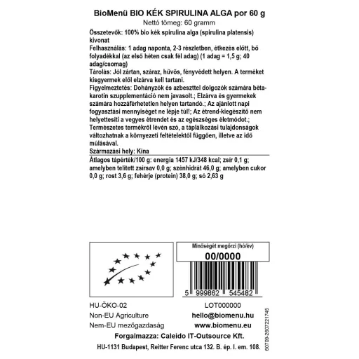 BioMenü Bio Blau Spirulina Algen Pulver 60 g Datenetikett